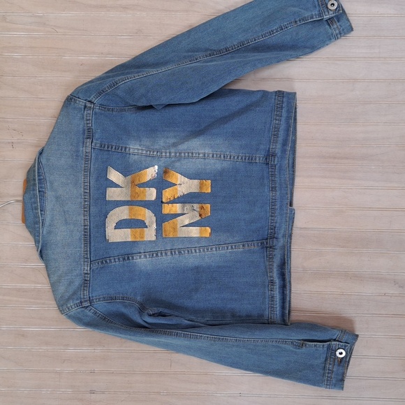 DKNY Girls Denim Jean Jacket Gold Sequin Heart Logo Y2k Stretch Comfy - Picture 5 of 11